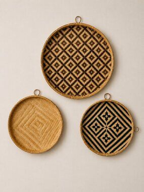 Set of 3 Handwoven Bamboo Wall Baskets Trays Boho Tribal Farmhouse Decor